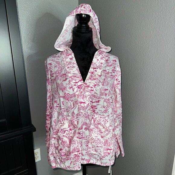 Christopher & Banks Tops - Christopher & Banks Hooded Top Size M Pullover Pink White Scenic Print Vacation